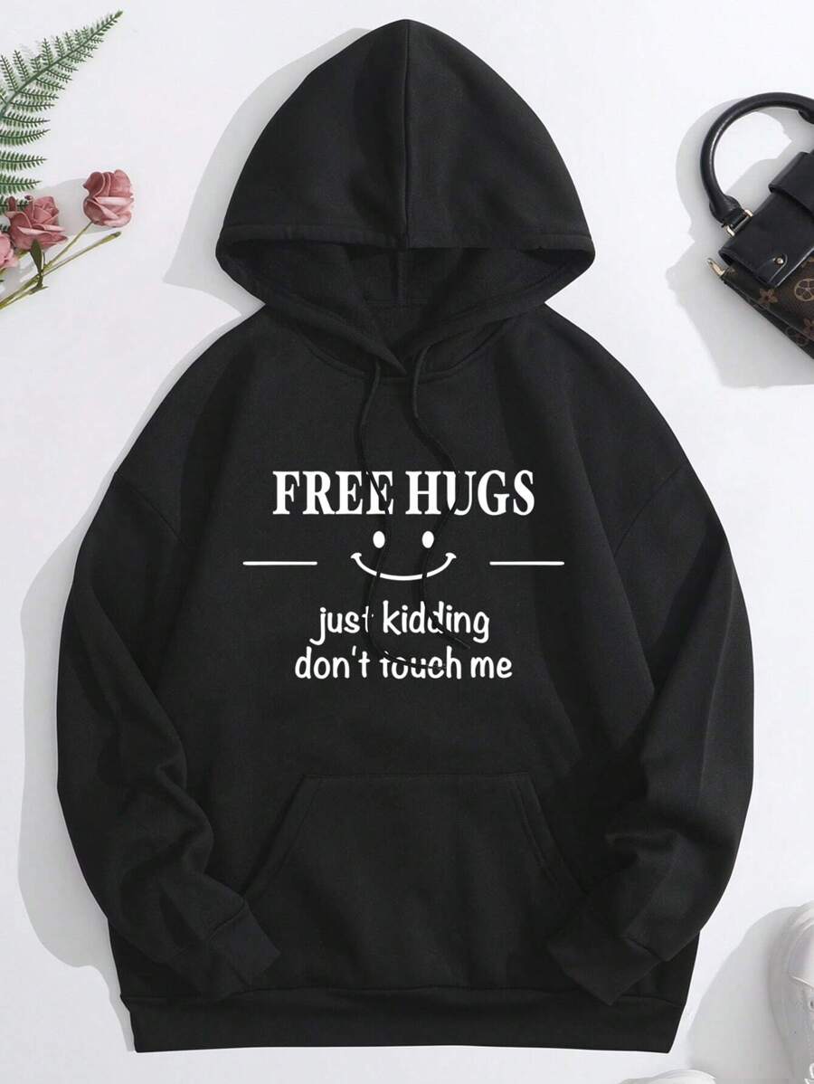 INAWLY Slogan Graphic Kangaroo Pocket Drawstring Thermal Hoodie FREE HUGS Just Kidding Don't Touch Me - Black - View 1