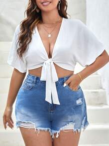 SHEIN VCAY 大碼前繫帶蝙蝠袖短款襯衫 - 白色 - 查看 4
