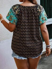 SHEIN Holidaya Plus Allover Print Raglan Sleeve Tie Neck Blouse - Black - View 2