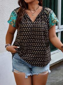 SHEIN Holidaya Plus Allover Print Raglan Sleeve Tie Neck Blouse - Black - View 4