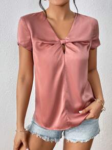 SHEIN Clasi Solid Twist Front Blouse - Dusty Pink - View 3