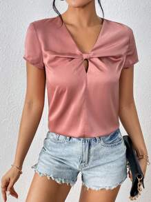 SHEIN Clasi Solid Twist Front Blouse - Dusty Pink - View 5