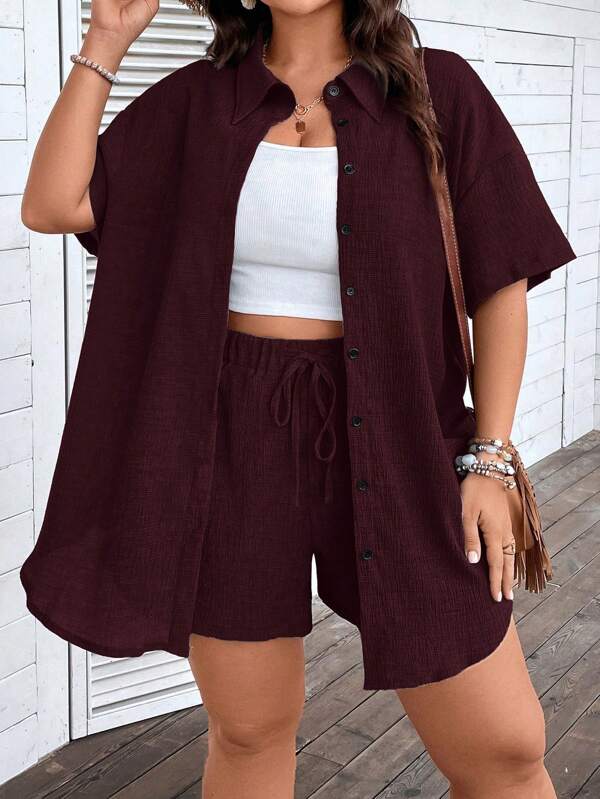 SHEIN LUNE Plus cămașă cu umăr căzut și pantaloni scurți cu nod în față