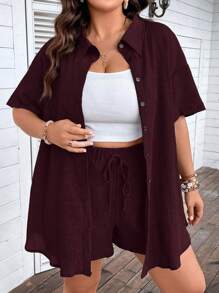 EMERY ROSE Plus Drop Shoulder Shirt & Knot Front Shorts