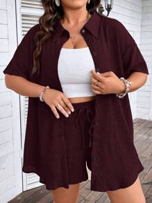 EMERY ROSE Plus Drop Shoulder Shirt & Knot Front Shorts