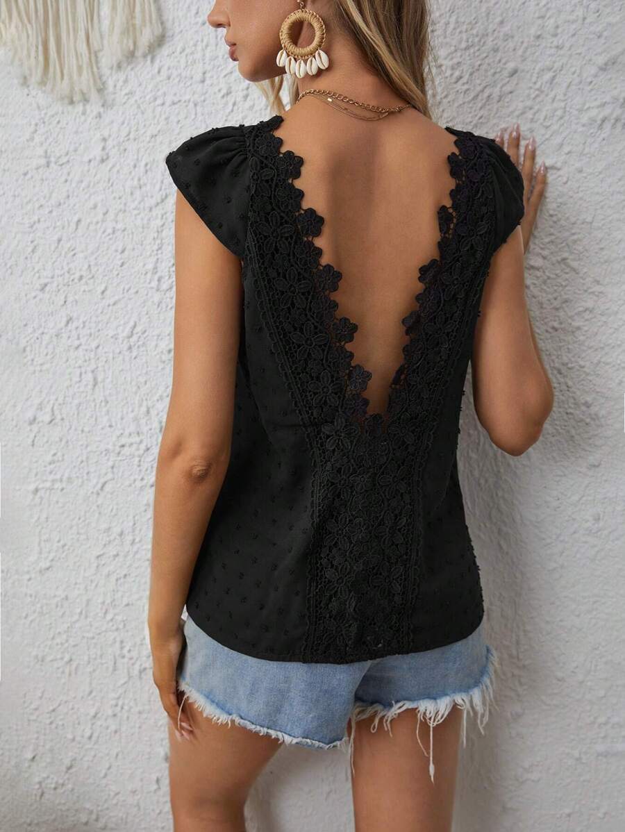 SHEIN VCAY Chấm Swiss Guipure Ren tương phản Không lưng Áo sơ mi - màu đen - Xem 1