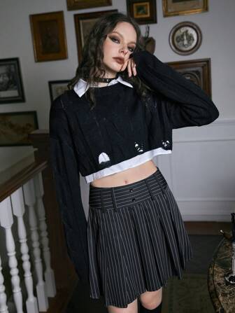 Academia Solid Cable Knit Drop Shoulder Crop Sweater