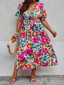 Flirla Vestido de verano con estampado floral, mangas de mariposa y cinturón, talla grande