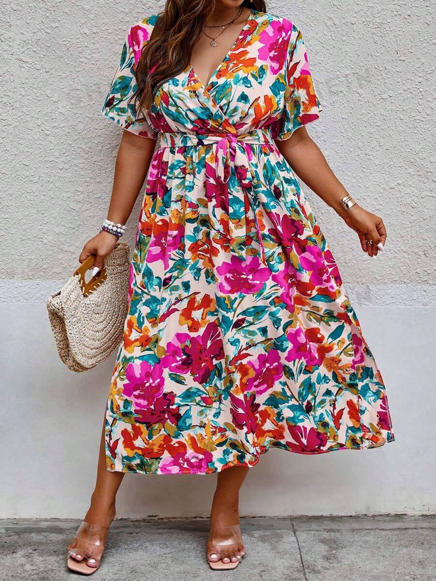 Flirla Vestido de verano con estampado floral, mangas de mariposa y cinturón, talla grande