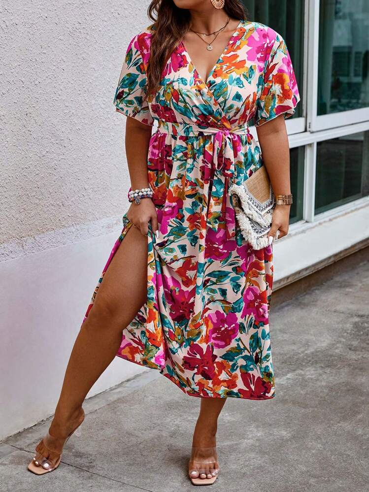 Flirla Women Plus Allover Floral Print Butterfly Sleeve Belted Dress Outfit, Summer - Multicolor - View 3