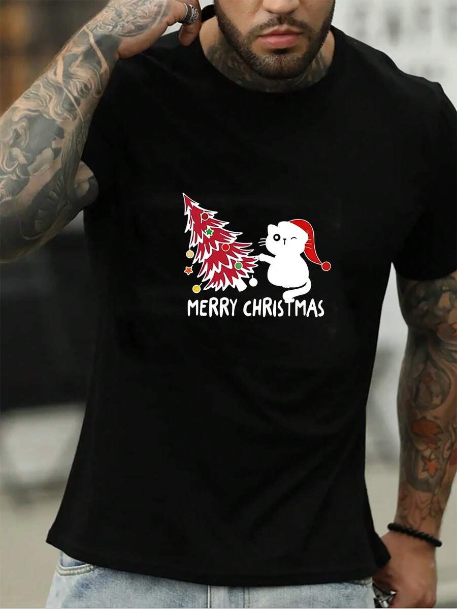男士聖誕圖案T恤 - 黑色 - 查看 1