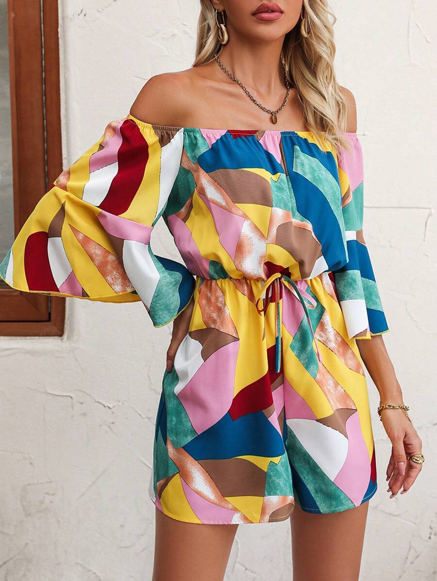 SHEIN VCAY 滿版印花一字肩前打結荷葉袖連身短褲 - 彩色 - 查看 1