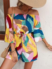 SHEIN VCAY 滿版印花一字肩前打結荷葉袖連身短褲 - 彩色 - 查看 3