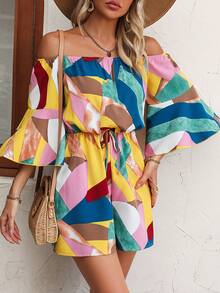 SHEIN VCAY 滿版印花一字肩前打結荷葉袖連身短褲 - 彩色 - 查看 4