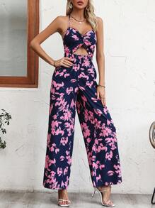 Breezaya 印花鏤空後背繫帶繞頸闊腿連體褲 - 霧霾藍 - 查看 3