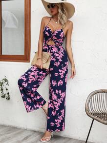 Breezaya 印花鏤空後背繫帶繞頸闊腿連體褲 - 霧霾藍 - 查看 4