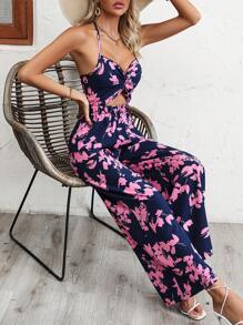 Breezaya 印花鏤空後背繫帶繞頸闊腿連體褲 - 霧霾藍 - 查看 6