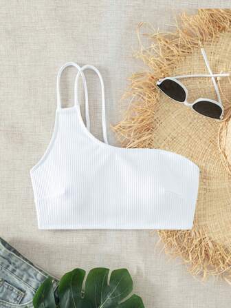 Solid Asymmetrical Neck Bikini Top, For Summer Beach Vacation