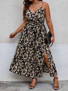 SHEIN Clasi Plus Allover Print Split Thigh Belted Cami Dress Maxi Women Outfit - Multicolor - View 4