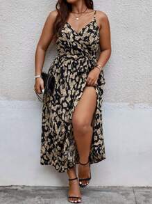 SHEIN Clasi Plus Allover Print Split Thigh Belted Cami Dress Maxi Women Outfit - Multicolor - View 5