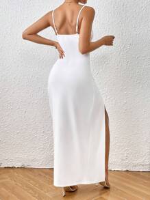 SHEIN Privé cổ áo xếp nếp Xù Tách đùi Váy Dây - trắng - Xem 2