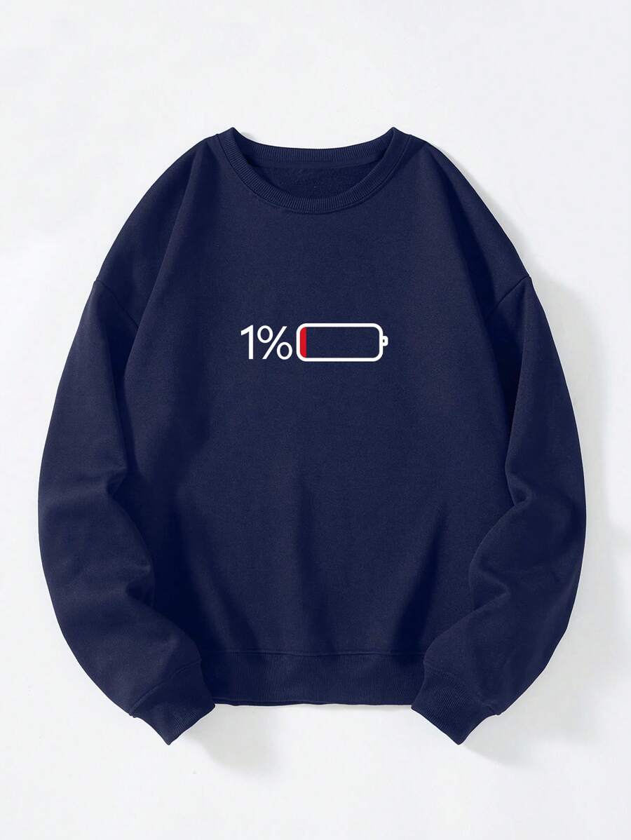 Men Battery Print Thermal Lined Sweatshirt - Navy Blue - View 1
