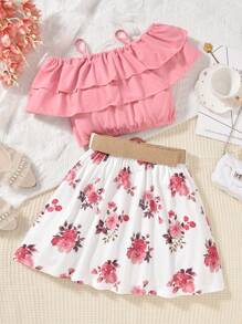 SHEIN Adolescent Fille À Épaules Dénudées À Volants Top & Imprimé Floral Jupe