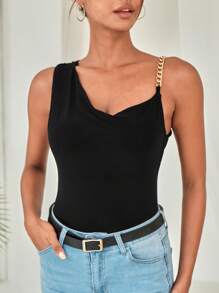 EURMUSE 鏈條細節不對稱領上衣 - 黑色 - 查看 5