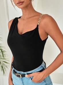 EURMUSE 鏈條細節不對稱領上衣 - 黑色 - 查看 3