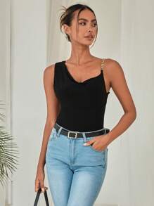 EURMUSE 鏈條細節不對稱領上衣 - 黑色 - 查看 6