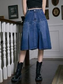 ROMWE Academia Studded Decor Pleated Denim Skirt - Dark Wash - View 1