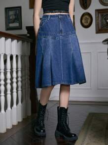 ROMWE Academia Studded Decor Pleated Denim Skirt - Dark Wash - View 4