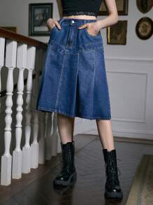 ROMWE Academia Studded Decor Pleated Denim Skirt - Dark Wash - View 5