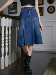 ROMWE Academia Studded Decor Pleated Denim Skirt - Dark Wash - View 6