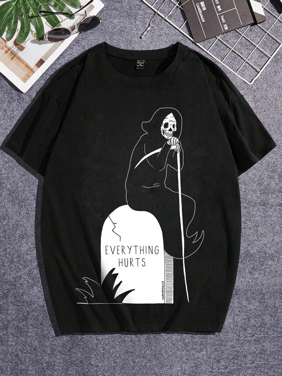 Darker Days 男士標語&骷髅頭圖案T恤 - 黑色 - 查看 1