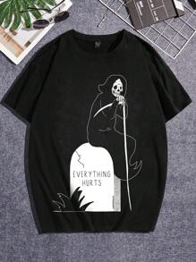 Darker Days 男士標語&骷髅頭圖案T恤 - 黑色 - 查看 5