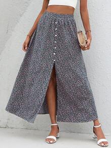 SHEIN LUNE Ditsy Floral Print Button Front Split Thigh Skirt - Multicolor - View 1