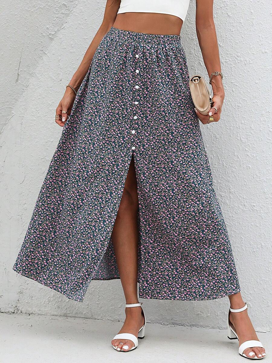 SHEIN LUNE Ditsy Floral Print Button Front Split Thigh Skirt - Multicolor - View 1