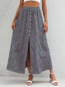SHEIN LUNE Ditsy Floral Print Button Front Split Thigh Skirt - Multicolor - View 3