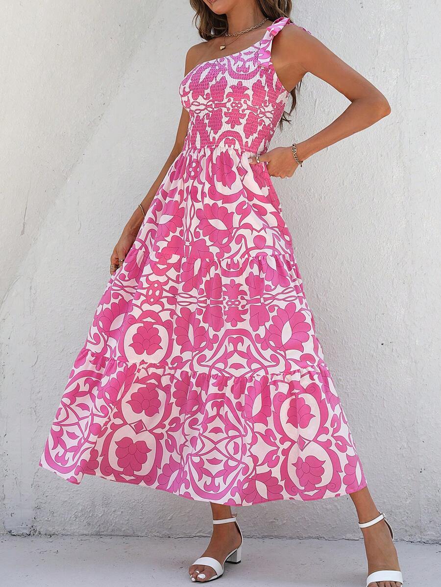 SHEIN VCAY Allover Print One Shoulder Ruffle Hem Dress - Pink - View 1