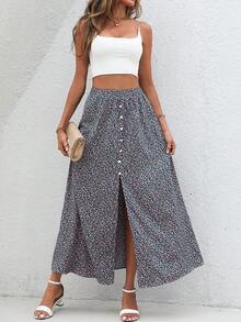 SHEIN LUNE Ditsy Floral Print Button Front Split Thigh Skirt - Multicolor - View 4