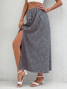 SHEIN LUNE Ditsy Floral Print Button Front Split Thigh Skirt - Multicolor - View 5