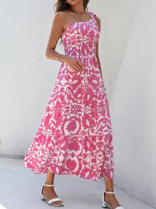 SHEIN VCAY Allover Print One Shoulder Ruffle Hem Dress - Pink - View 3