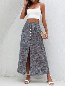 SHEIN LUNE Ditsy Floral Print Button Front Split Thigh Skirt - Multicolor - View 6