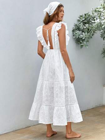 Bohemela 後背繫帶荷葉邊網眼刺繡連衣裙