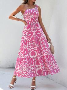 SHEIN VCAY Allover Print One Shoulder Ruffle Hem Dress - Pink - View 6