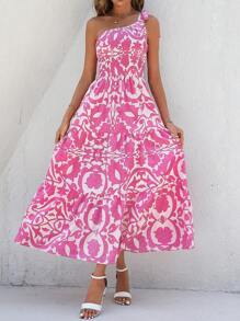 SHEIN VCAY Allover Print One Shoulder Ruffle Hem Dress - Pink - View 7