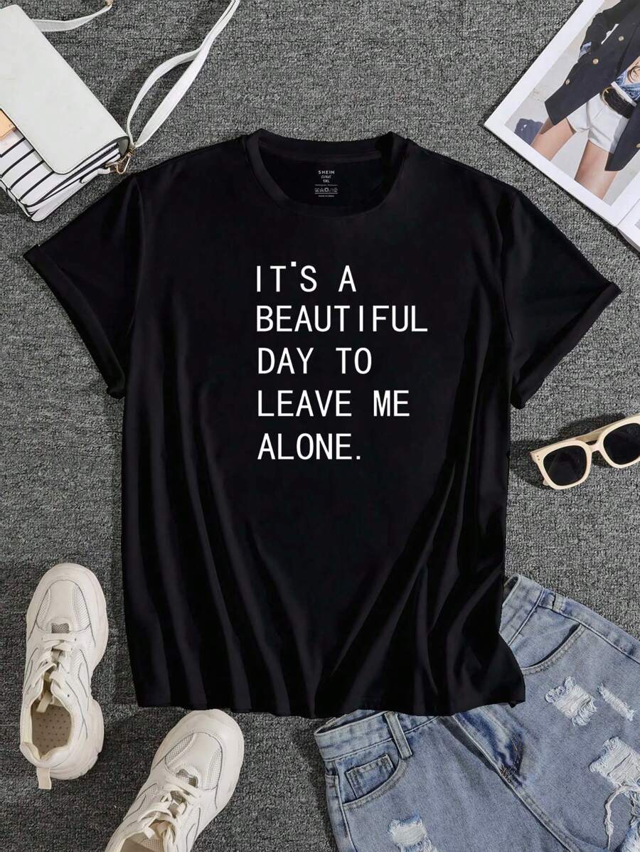 SHEIN EZwear 大碼標語圖案T恤