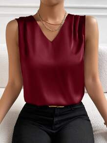 EMERY ROSE Áo cánh không tay cổ chữ V trơn, áo không tay - Màu Đỏ Sâu - Xem 4
