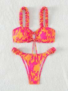 SHEIN Swim Summer Beach Allover Print Frill Trim Drawstring Bikini Set - Multicolor - View 3